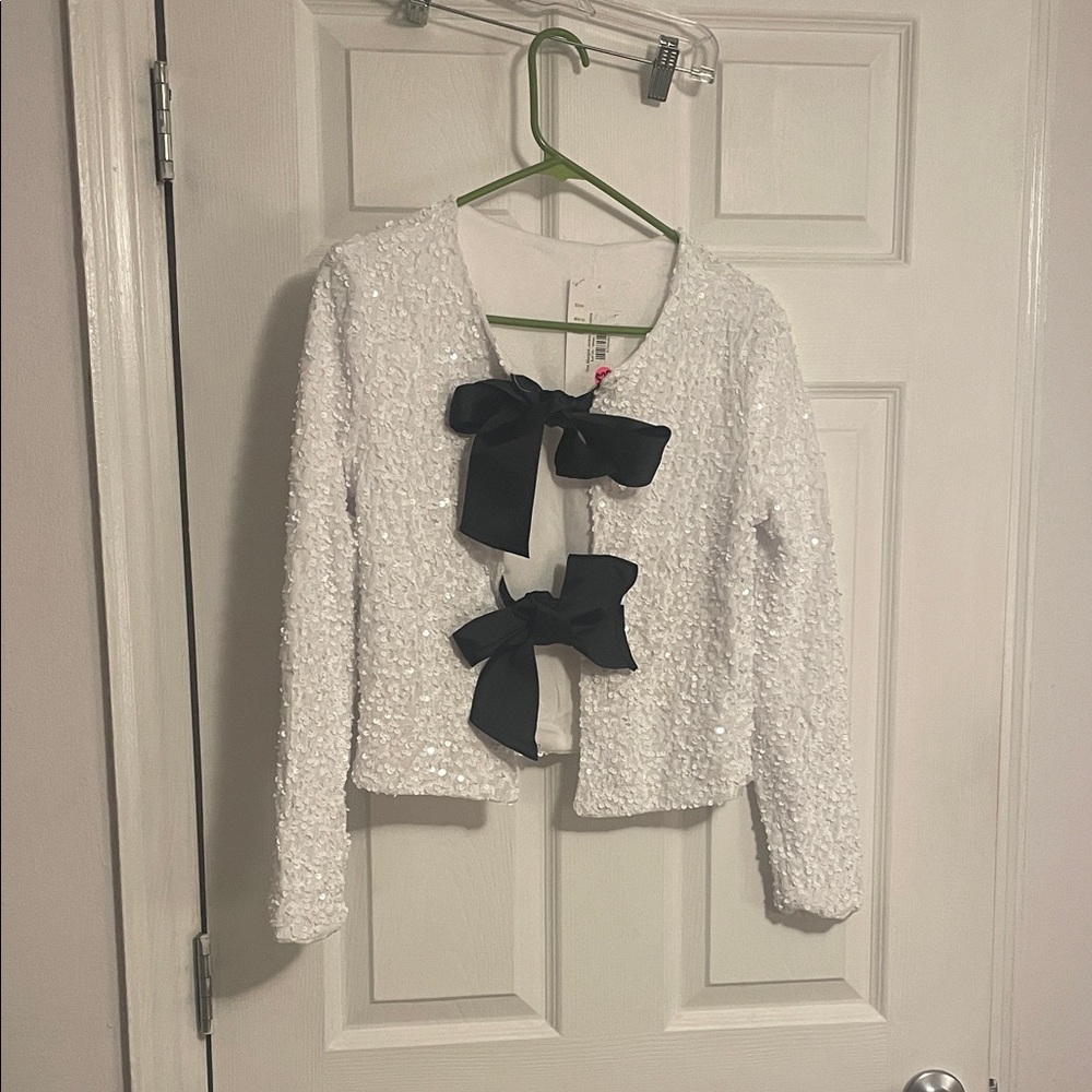 White Sequin Cardigan with Black Bows